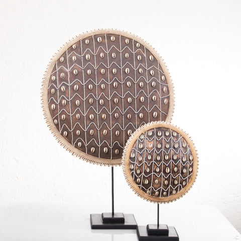 Wooden Natural Cameroon Shield with Cowrie Shells | Beaded Triangle Design