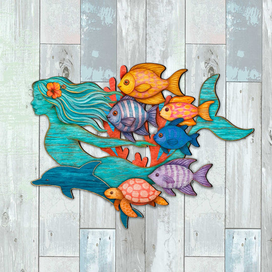 Tropical Mermaid Coastal Door Hanger - Handcrafted Underwater Friends Coastal Wall Art by G. DeBrekht - Coastal Holiday Decor - 81985144H