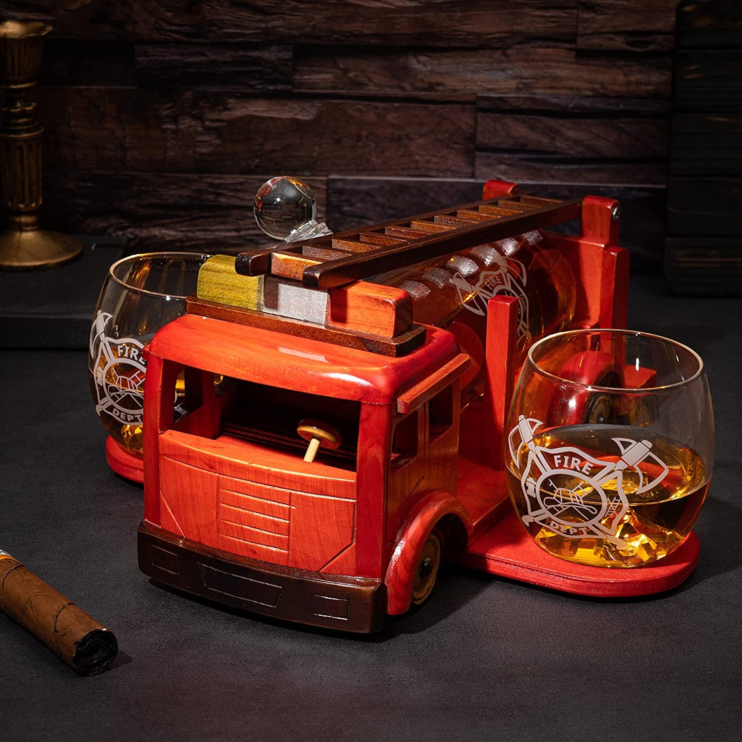 Firetruck Whiskey Decanter with Two 12 oz Glasses Gift Firefighter Gifts, Fireman, Firetruck Figurine, Police Gifts, Fire Department Gifts, Gifts for Firefighters! 600ml 13" L 6" H Gifts for Dad