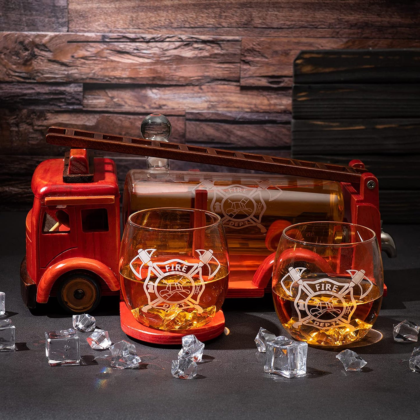 Firetruck Whiskey Decanter with Two 12 oz Glasses Gift Firefighter Gifts, Fireman, Firetruck Figurine, Police Gifts, Fire Department Gifts, Gifts for Firefighters! 600ml 13" L 6" H Gifts for Dad