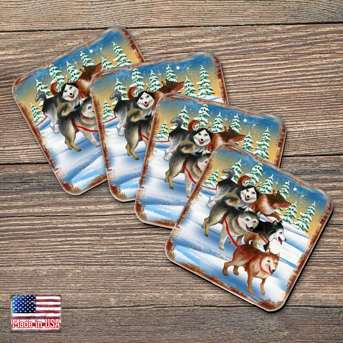 Huskies Wooden Cork Coasters Gift Set of 4 by Nature Wonders - Nature Wildlife Decor  - 95378C-S4-1