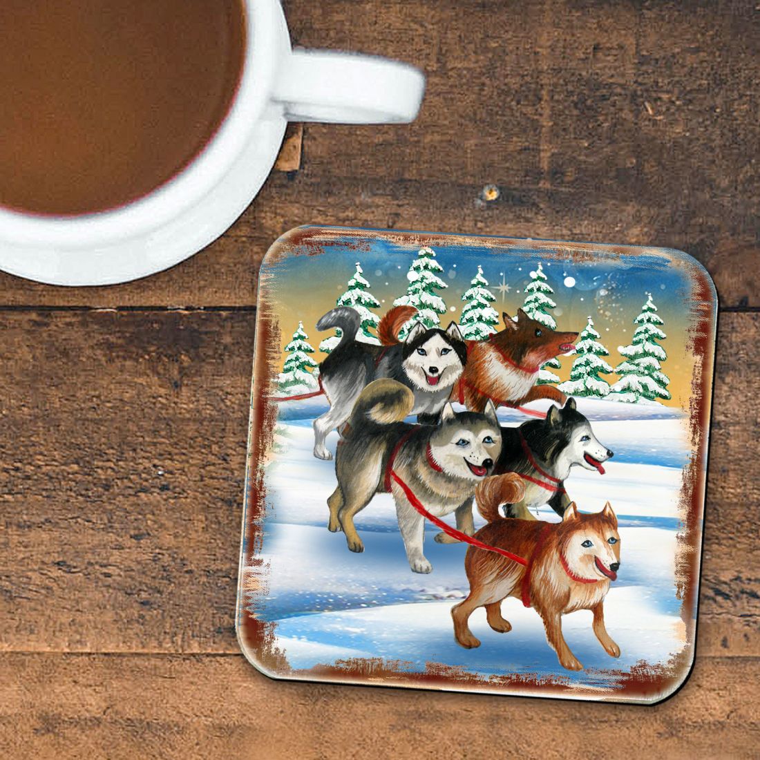 Huskies Wooden Cork Coasters Gift Set of 4 by Nature Wonders - Nature Wildlife Decor  - 95378C-S4-2