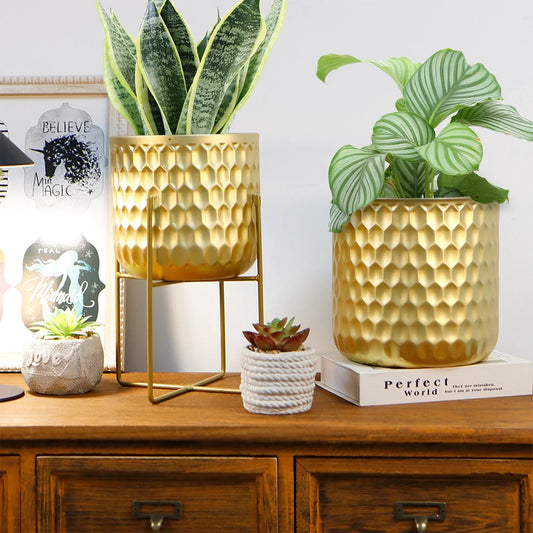 Set of 2 12"&18"H Golden Honeycomb Embossed  Flowerpots